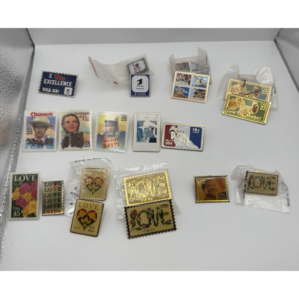 20pc Stamp Lapel Hat Pins LOVE, MOVIES,DINOSAURS,USA, MUDDY WATERS
